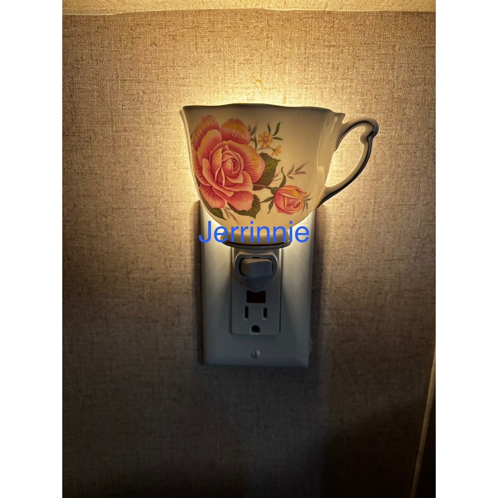 Handcrafted Vintage Teacup Night Light Pink Rose Floral Porcelain Plug In Lamp